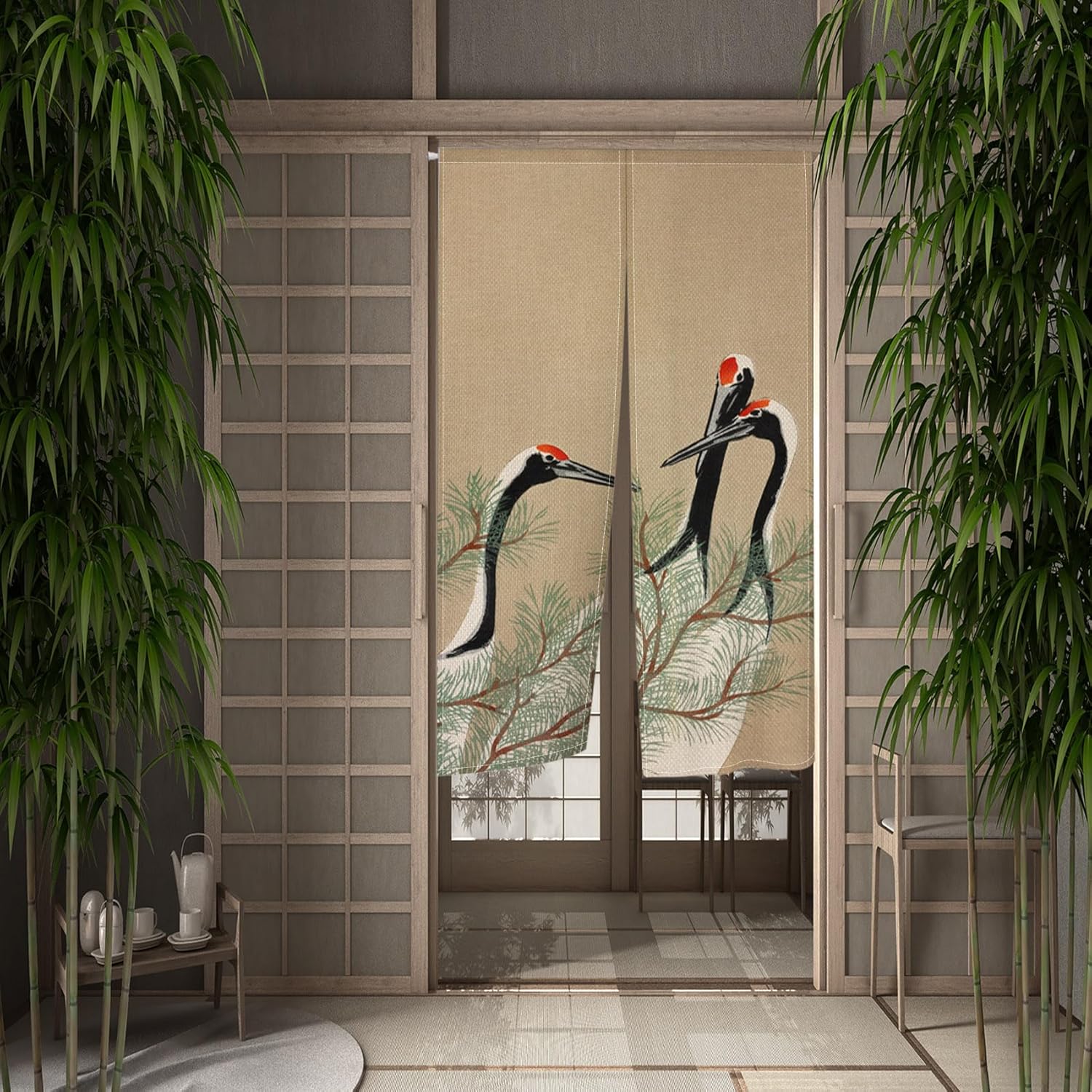 Japanese Style Crane Pine Print Door Curtain 34x60