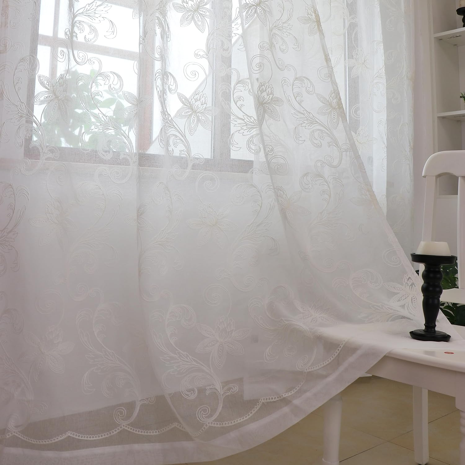Slow Soul Set of 2 White Lotus Floral Sheer Curtains