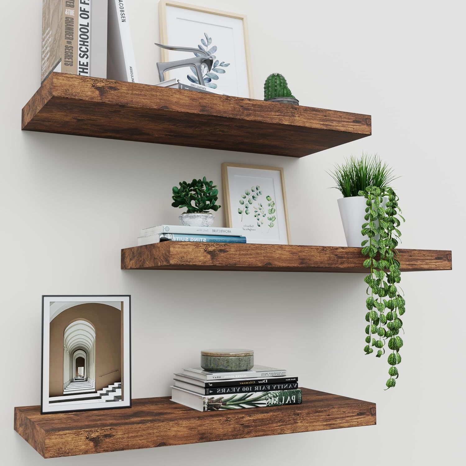 Set of 3 Floating Shelves in Rustic Brown