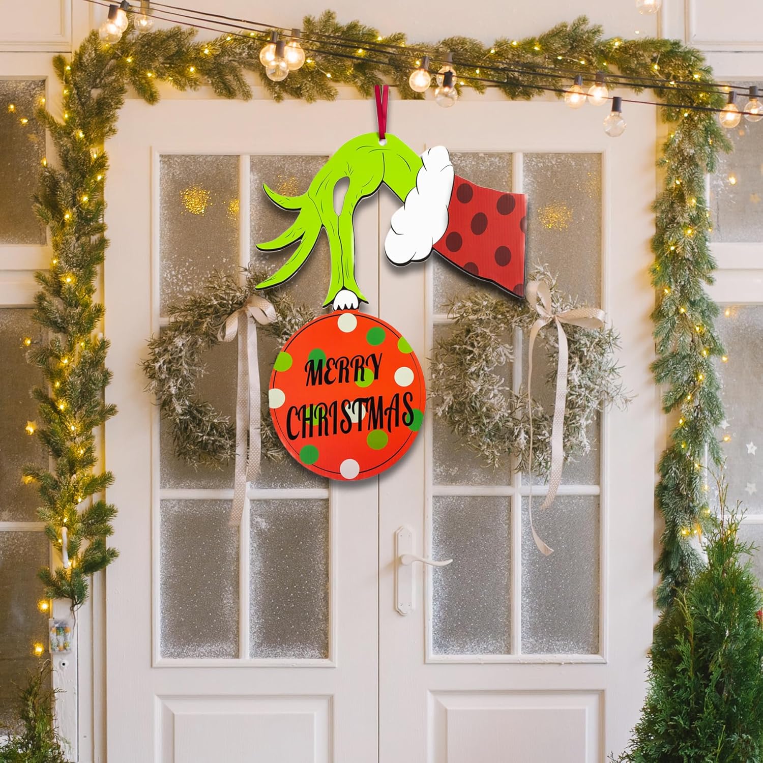 Christmas Door Decorations Wooden Thief Hand Whoville Sign Wreath