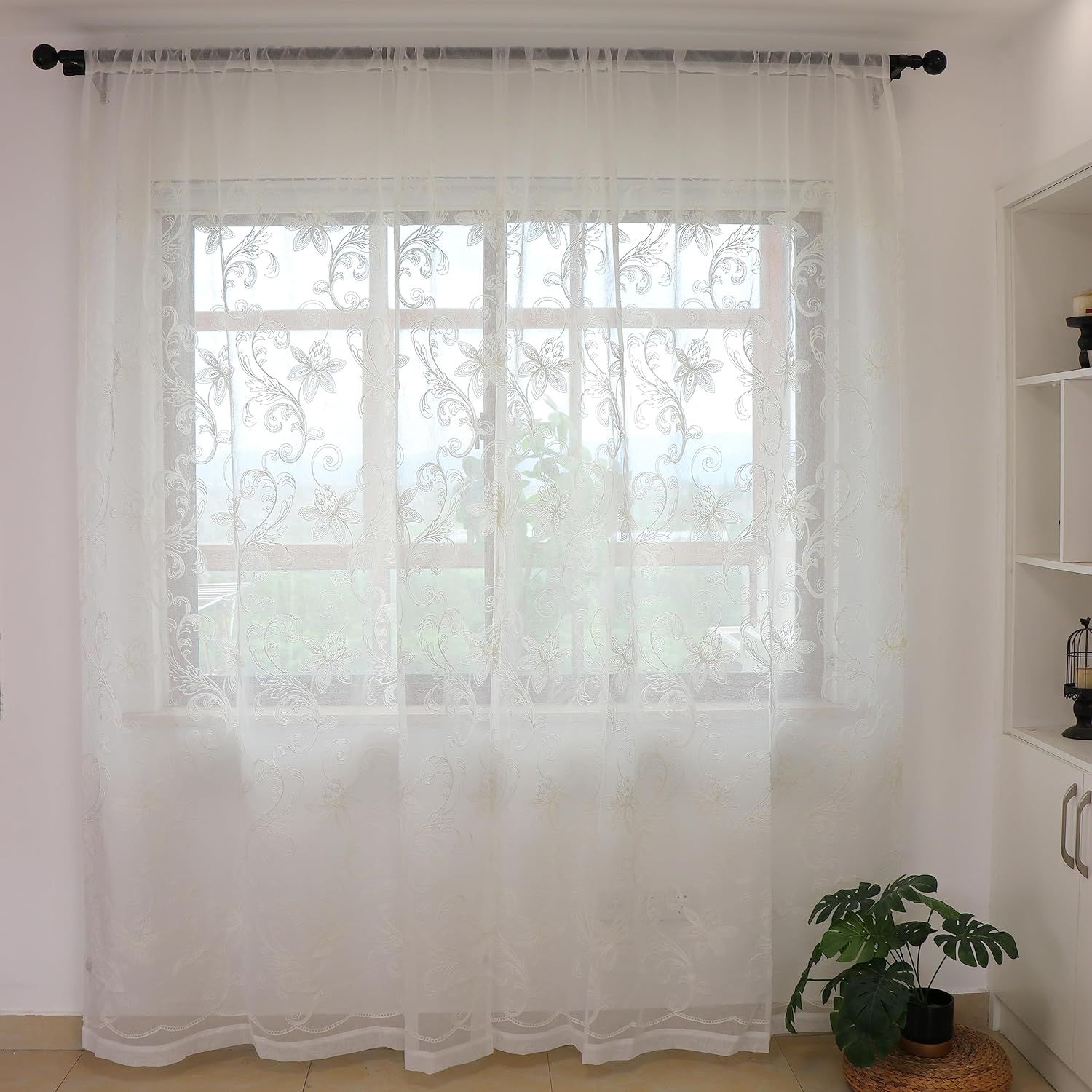 Slow Soul Set of 2 White Lotus Floral Sheer Curtains