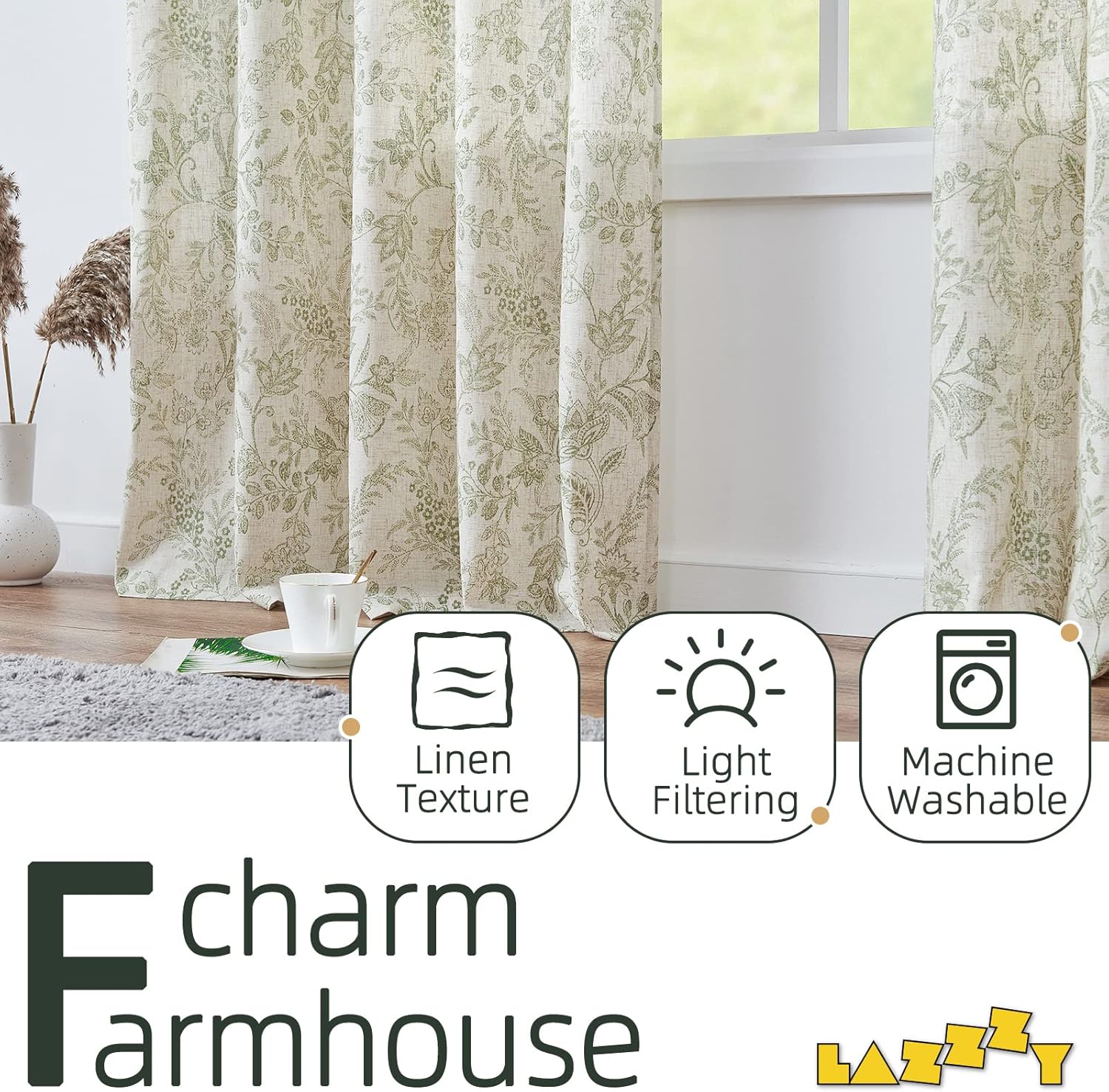 Lazzzy Linen Curtains Farmhouse Green Floral Print 2 Panels Set