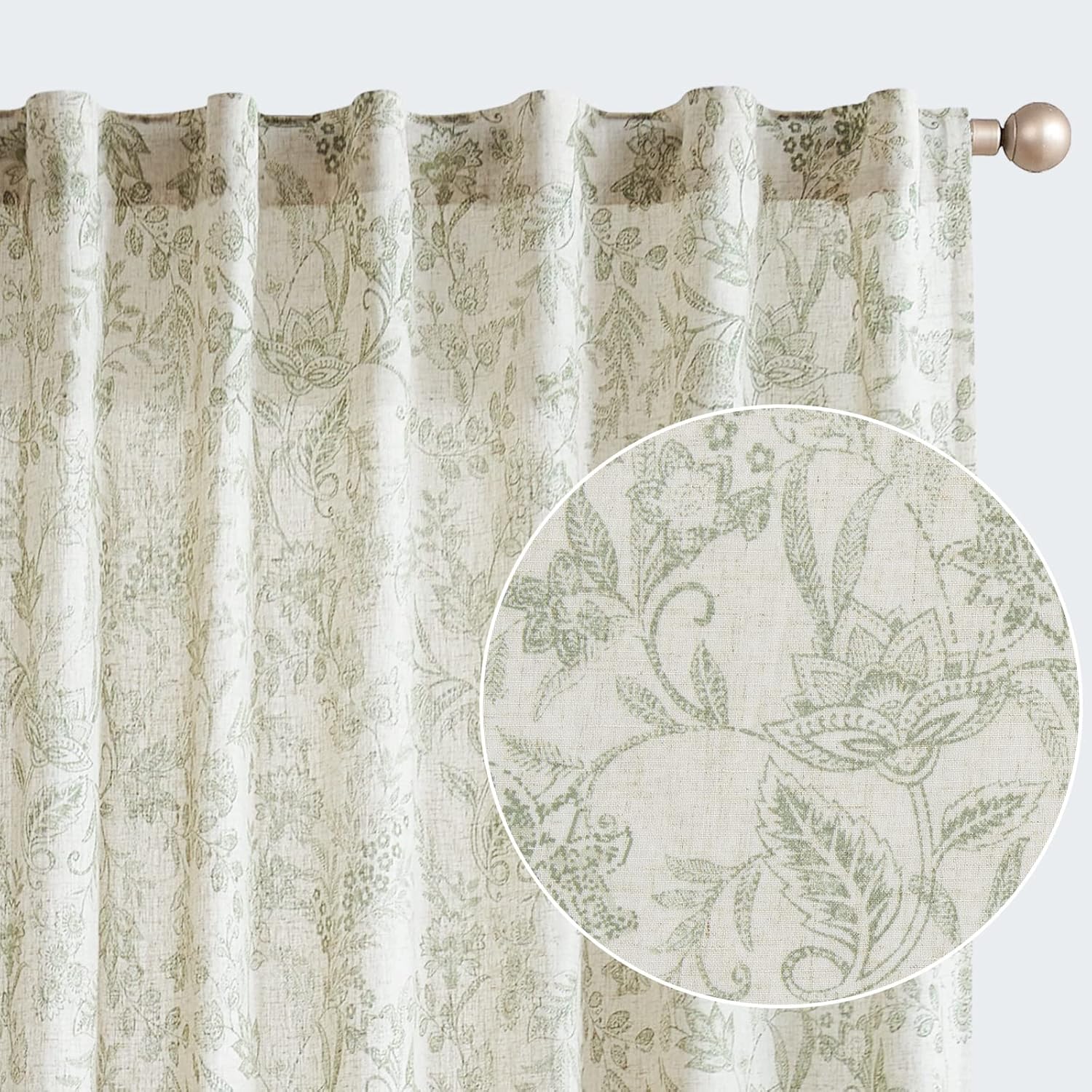 Lazzzy Linen Curtains Farmhouse Green Floral Print 2 Panels Set