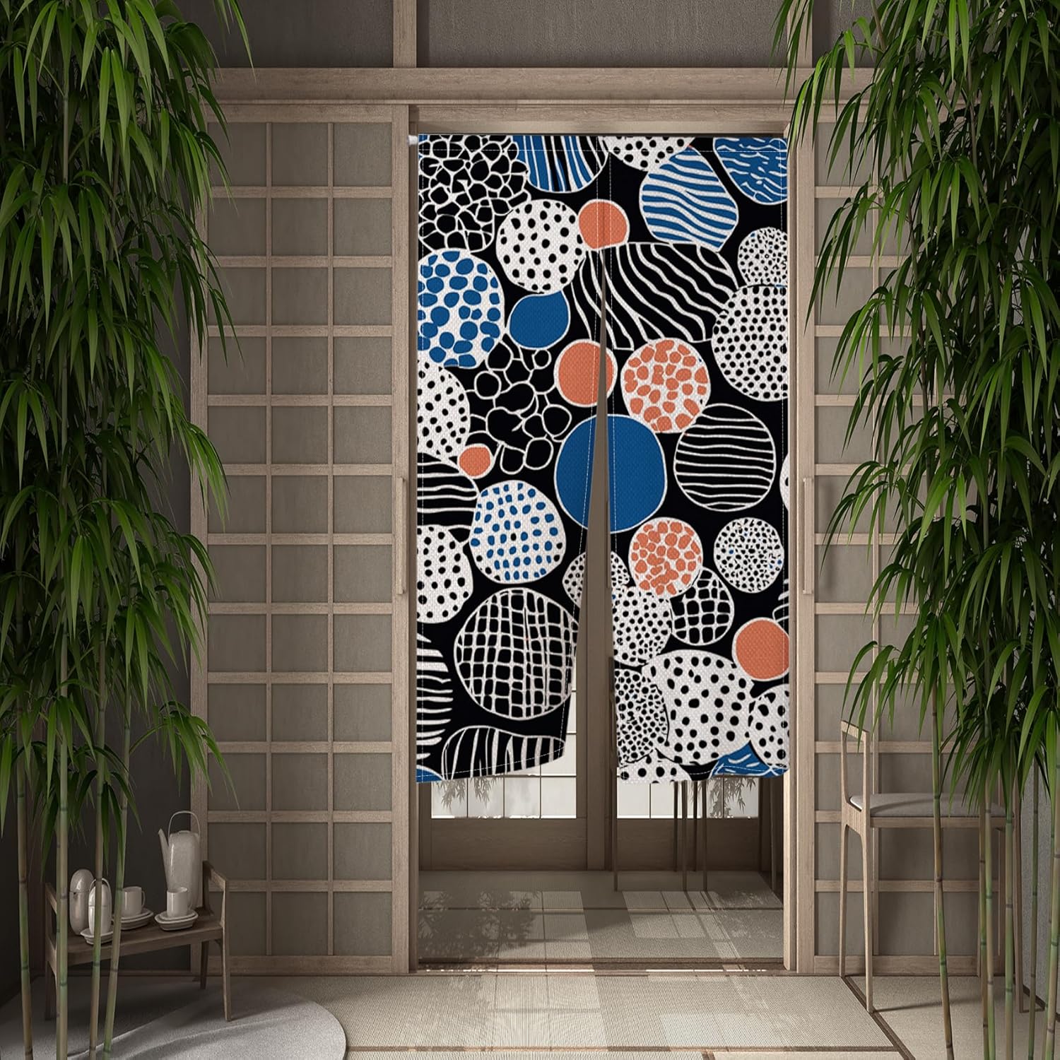 Abstract Boho Noren Curtain with Atomic Shapes Design
