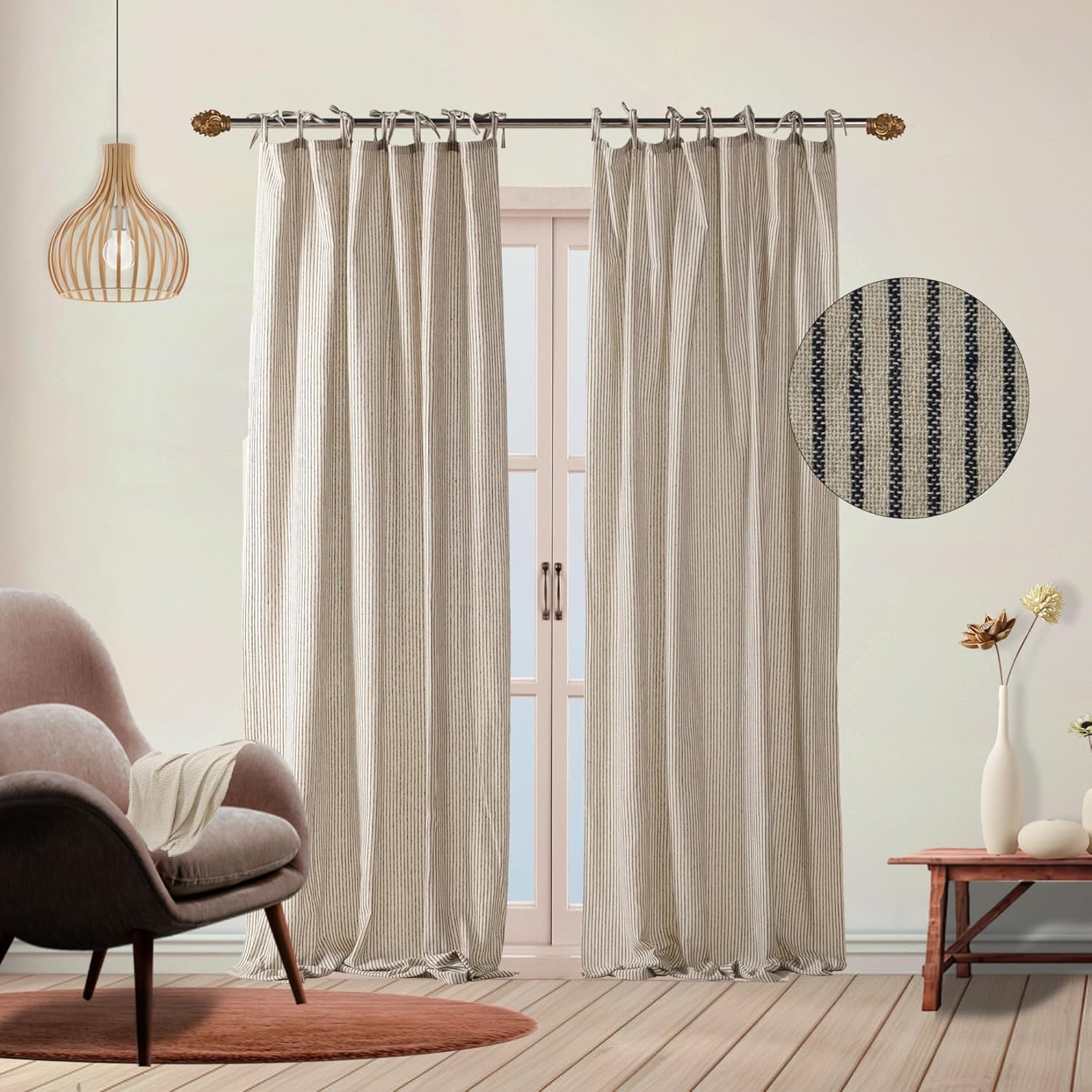 THE ART BOX Gauze Striped Curtains 2 Panel Tie Top
