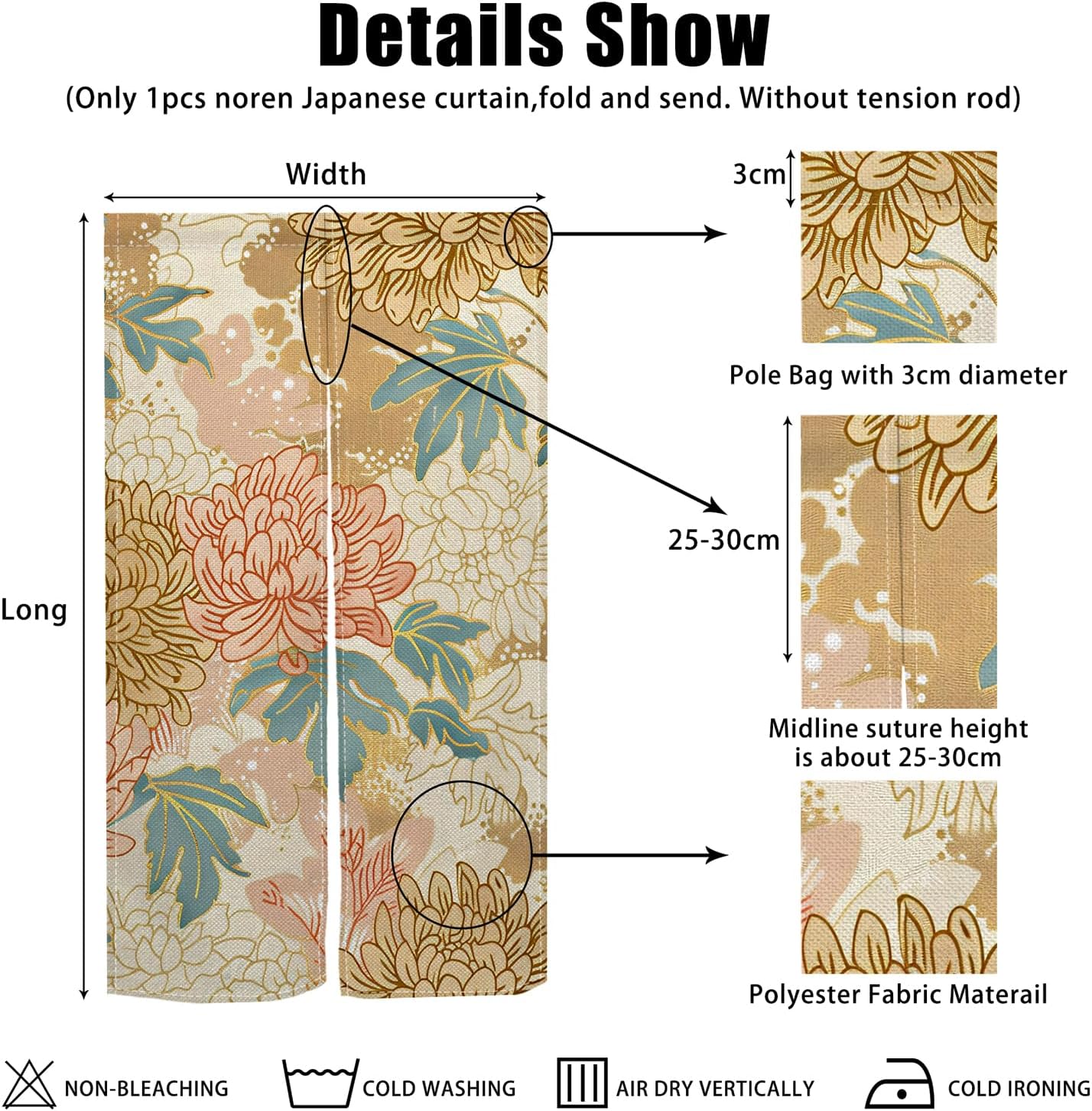 Boho Style Noren Doorway Curtain with Flowers Design