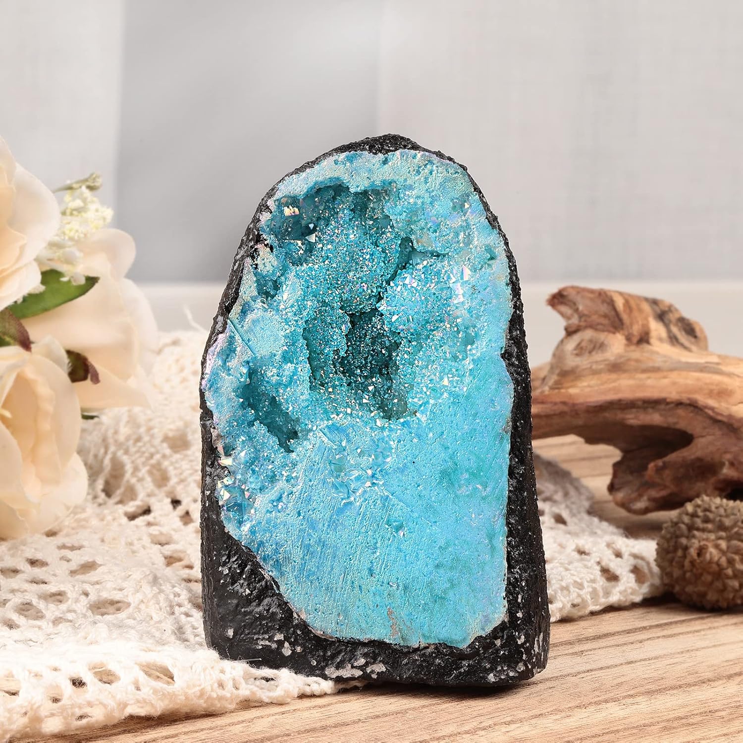 Tumbeelluwa Irregular Titanium Crystal Geode Stone Decor Blue Large