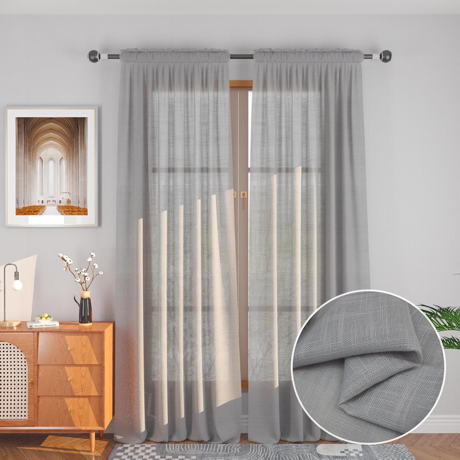 UPOPO Grey Sheer Curtains 52x92 2 Panels Rod Pocket