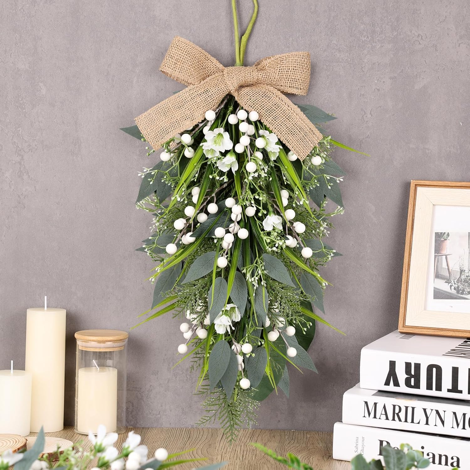 2 Pcs 24 Inch Artificial White Flower Teardrop Wreaths