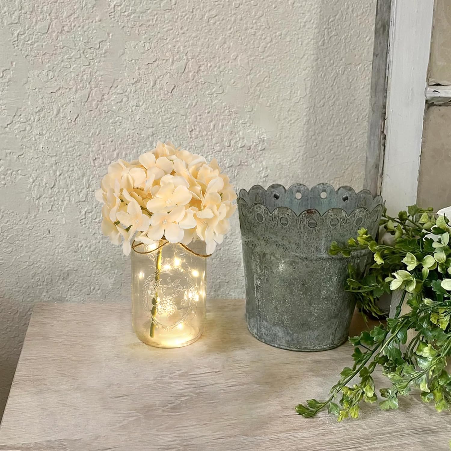 Set of 3 Mason Jars with Lights and White Hydrangeas