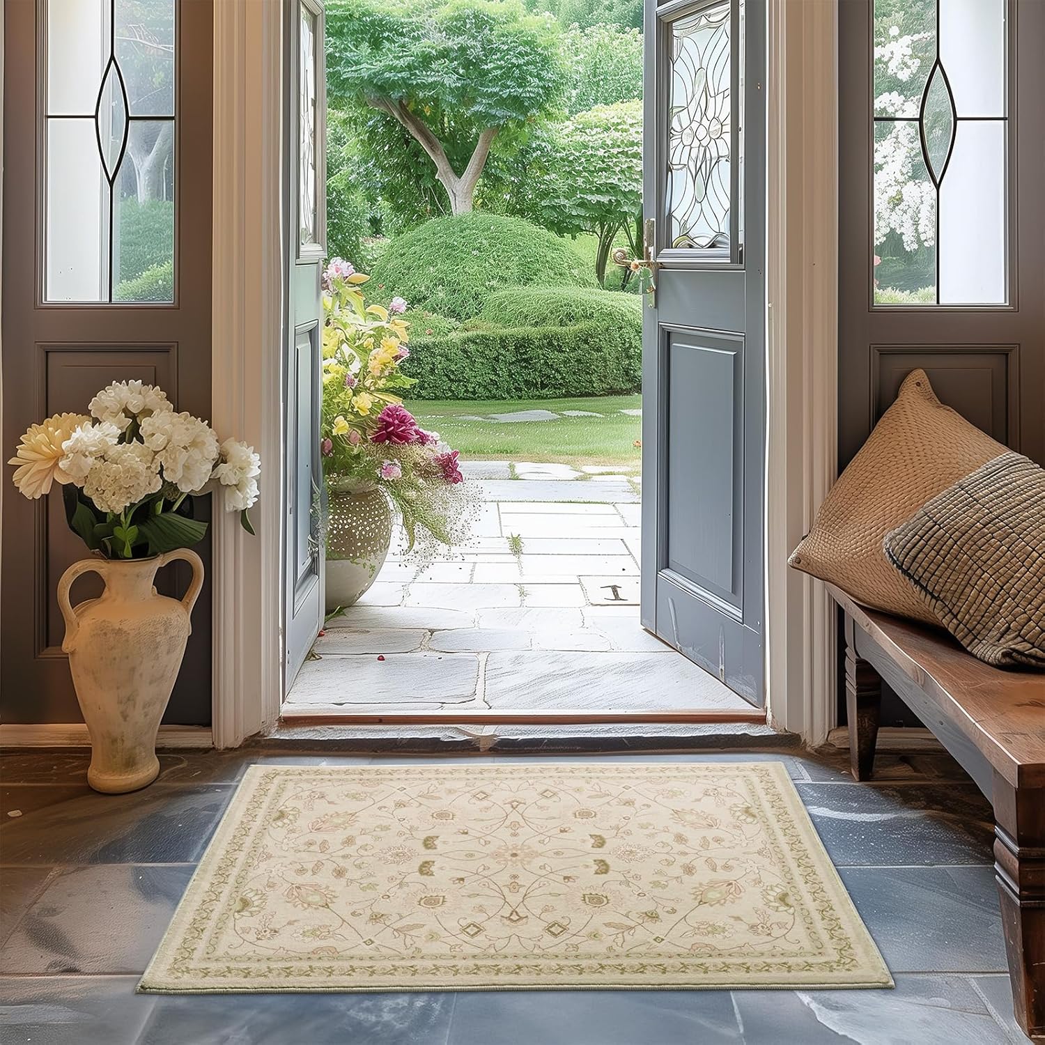 Evergrace 2x3 Area Rug Boho Floral Faux Wool Natural Beige