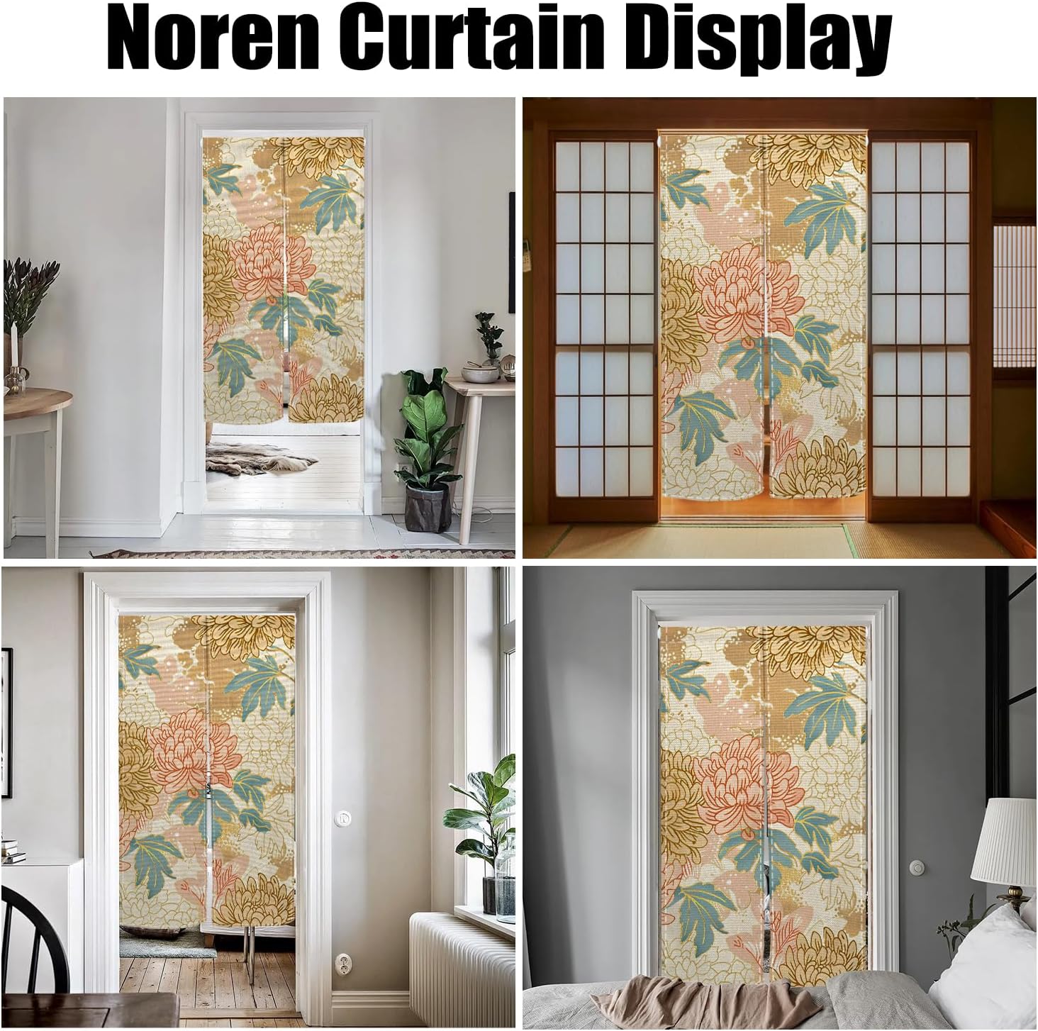 Boho Style Noren Doorway Curtain with Flowers Design