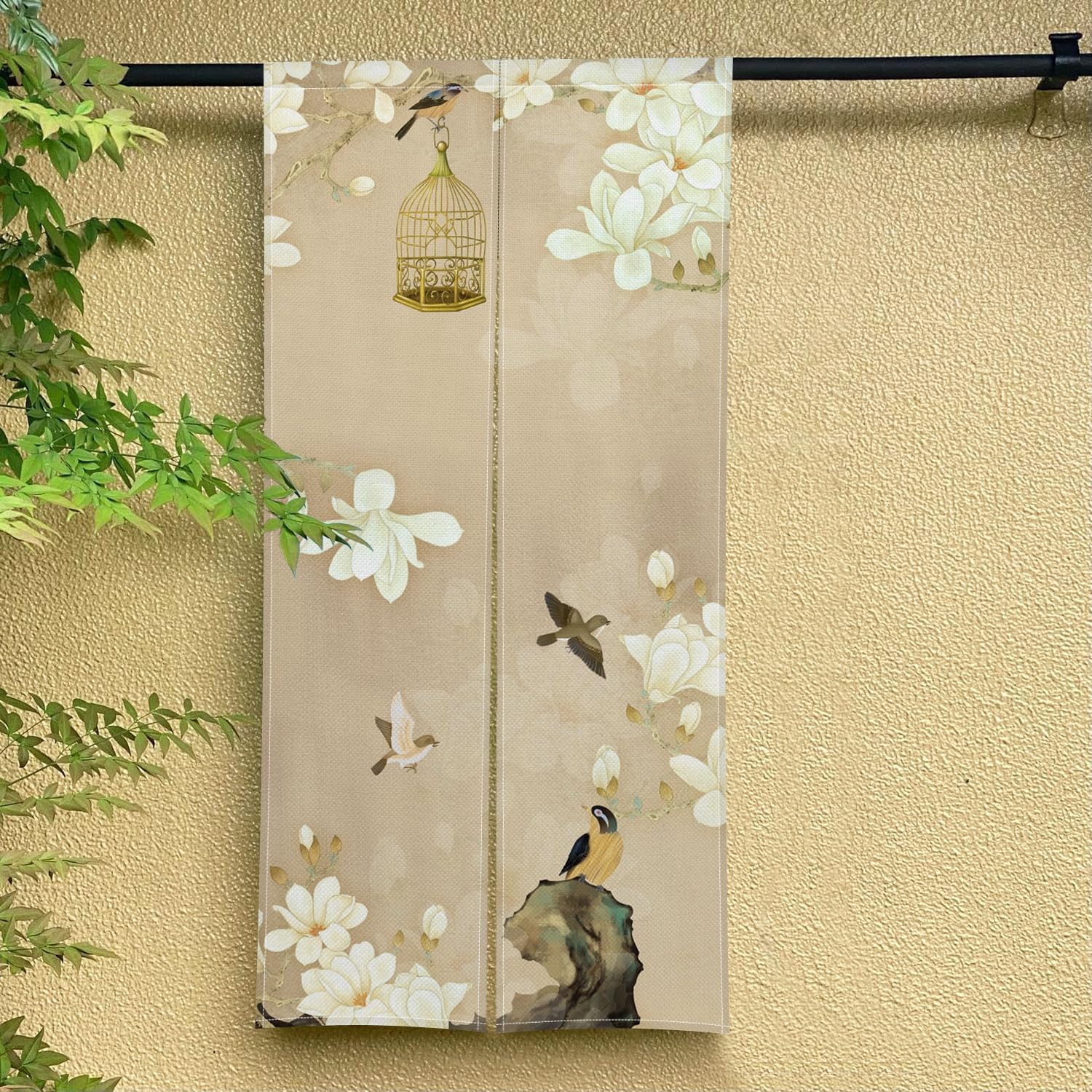 Japanese Noren Door Curtain with White Flowers and Birdcage Design