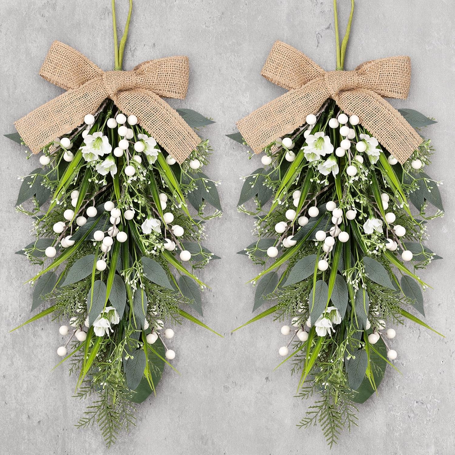 2 Pcs 24 Inch Artificial White Flower Teardrop Wreaths