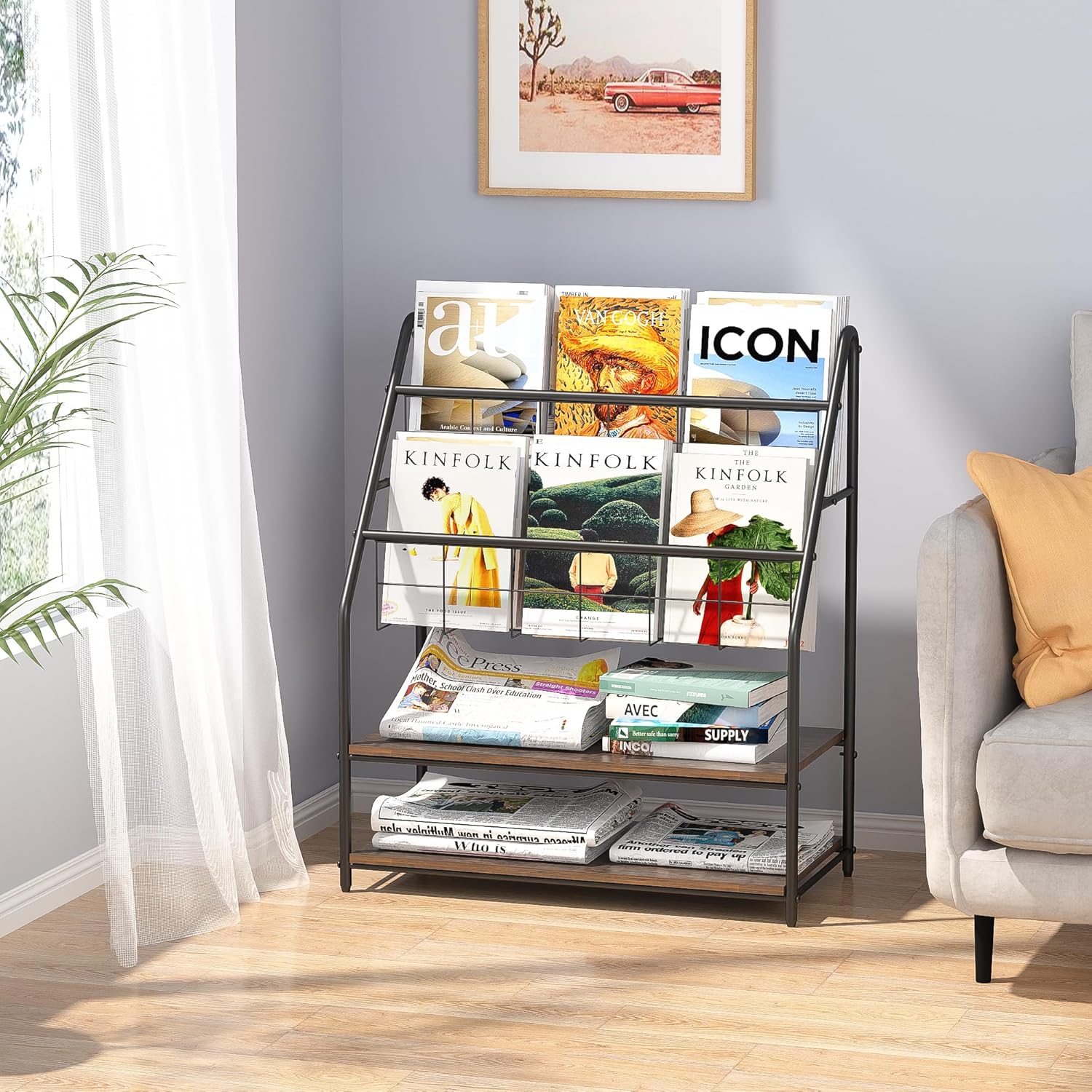 VECELO Magazine Rack Floor Standing with 2 Shelves Grey