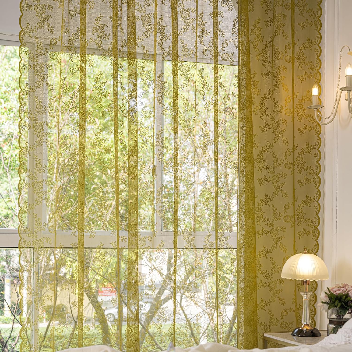 Deeprove Sage Green Sheer Lace Curtains 2 Panels Set 96 Inches Long