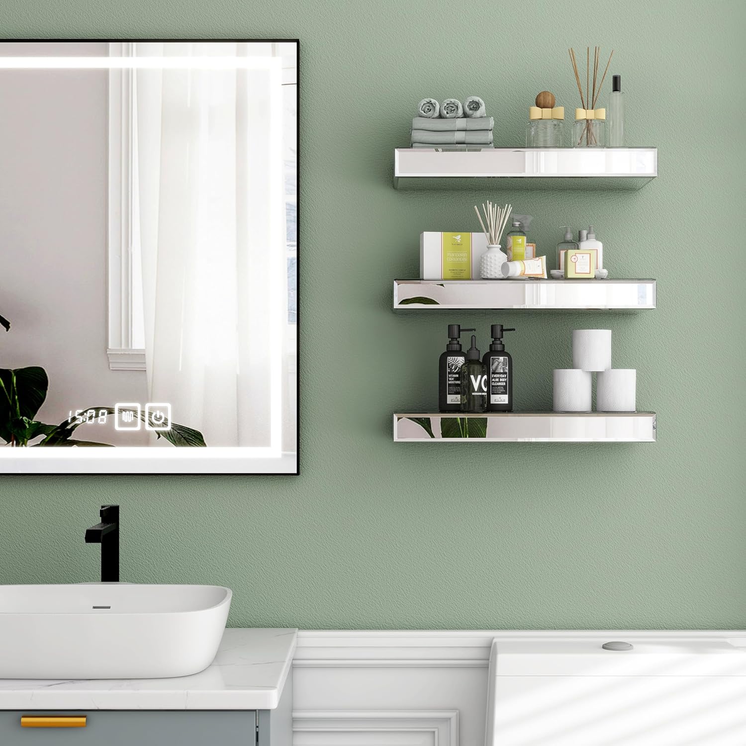 SHYFOY Mirrored Floating Shelves Set of 3 Silver
