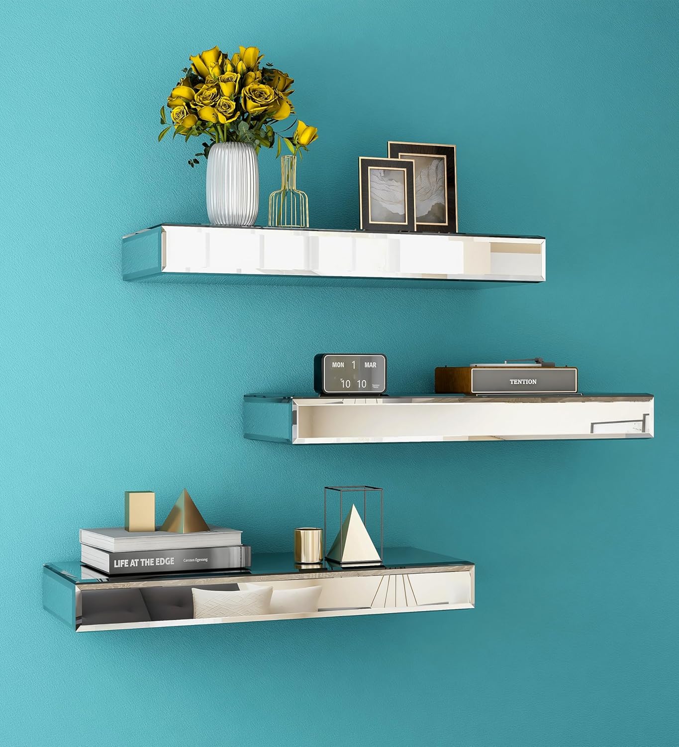 SHYFOY Mirrored Floating Shelves Set of 3 Silver