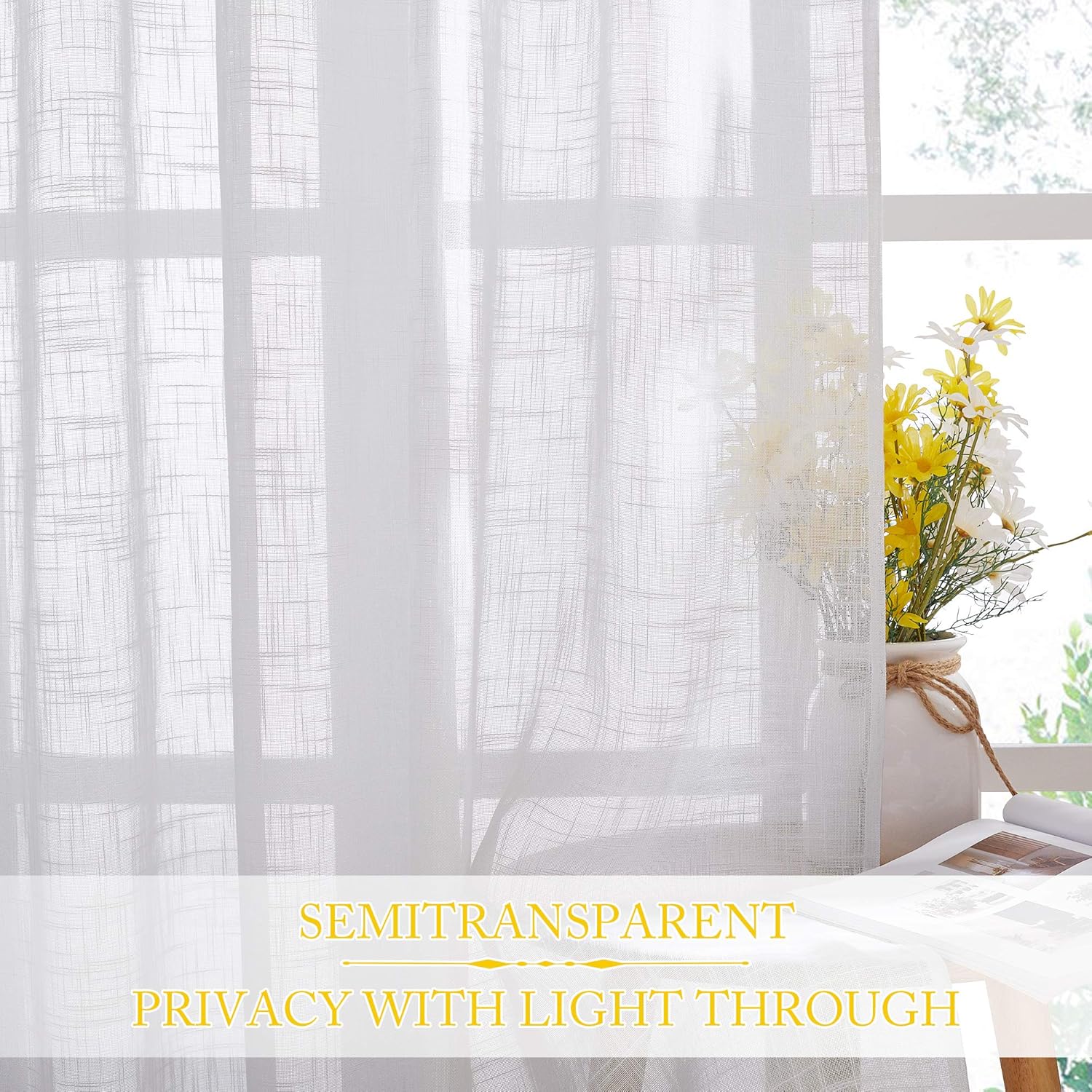 NICETOWN Linen Look Sheer Curtains - White Grommet Top Sliding Door Panels