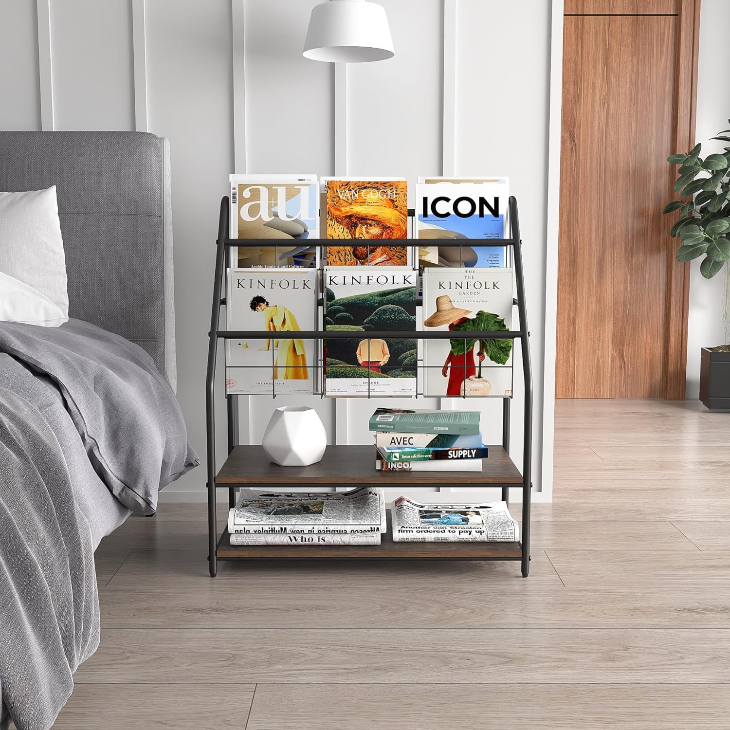 VECELO Magazine Rack Floor Standing with 2 Shelves Grey