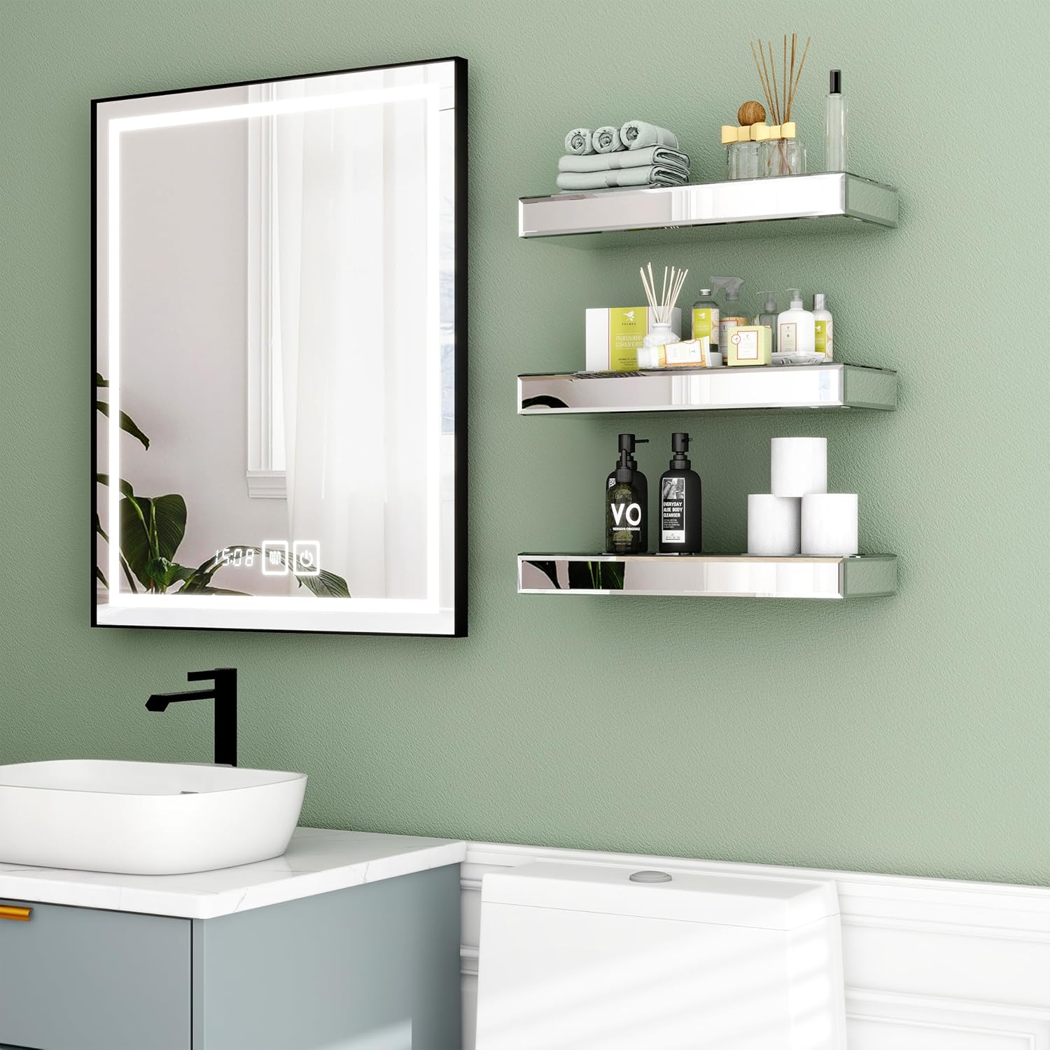 SHYFOY Mirrored Floating Shelves Set of 3 Silver