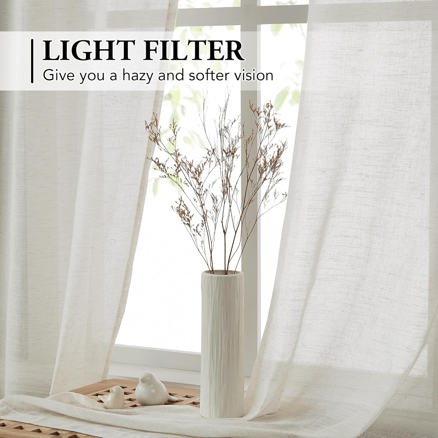 Beauoop Linen Blended Semi Sheer Curtains 2 Panels Grommet Top 96 inch Long