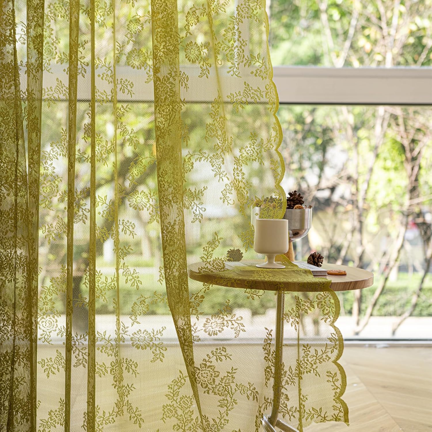 Deeprove Sage Green Sheer Lace Curtains 2 Panels Set 96 Inches Long