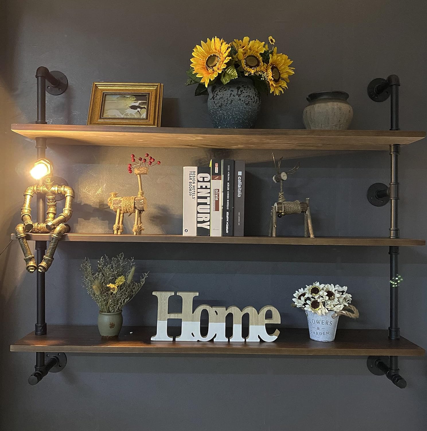 Rogmars 48 Inch 3 Tier Pipe Floating Shelf Dark Brown