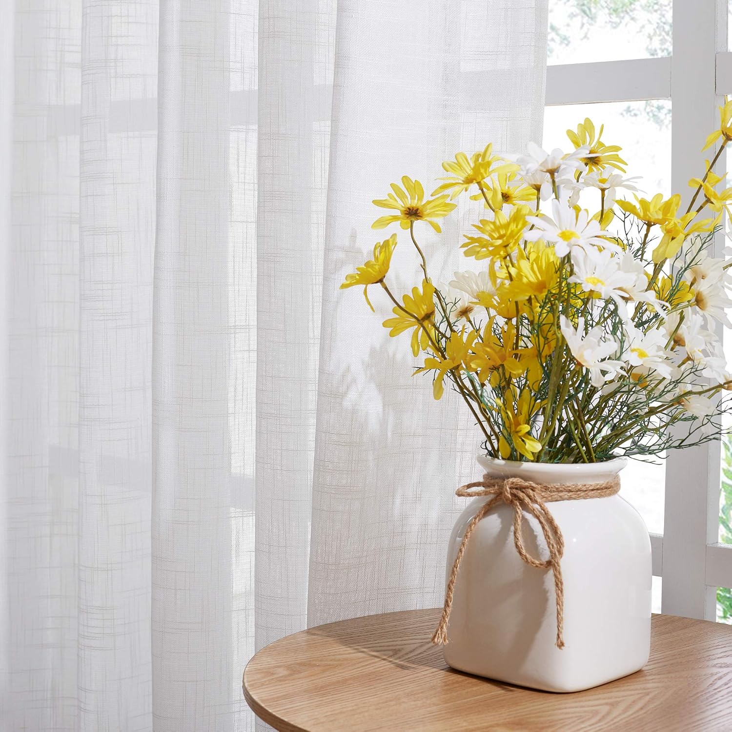 NICETOWN Linen Look Sheer Curtains - White Grommet Top Sliding Door Panels
