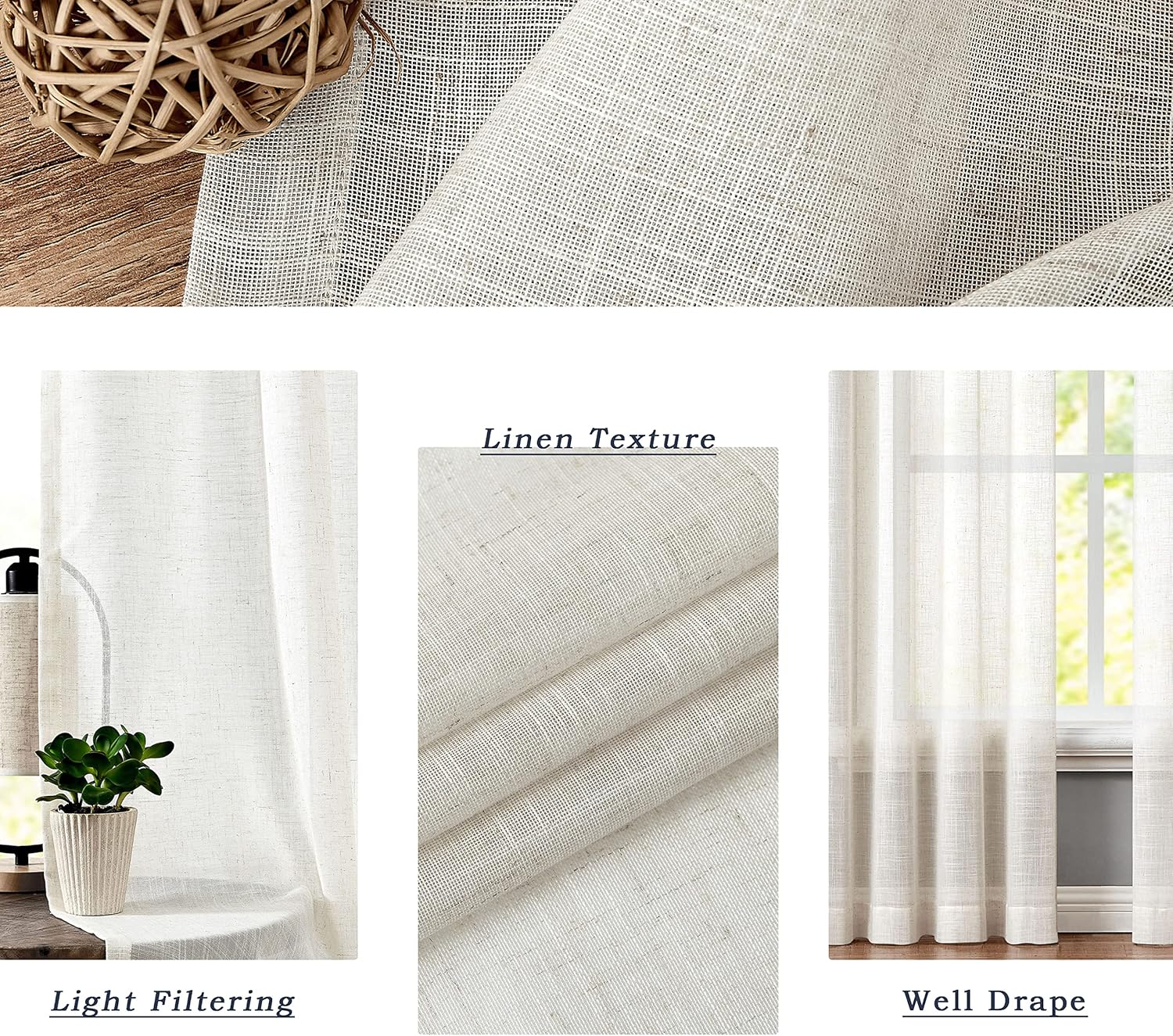 Central Park Linen Blend Sheer Curtain Panels 40x95